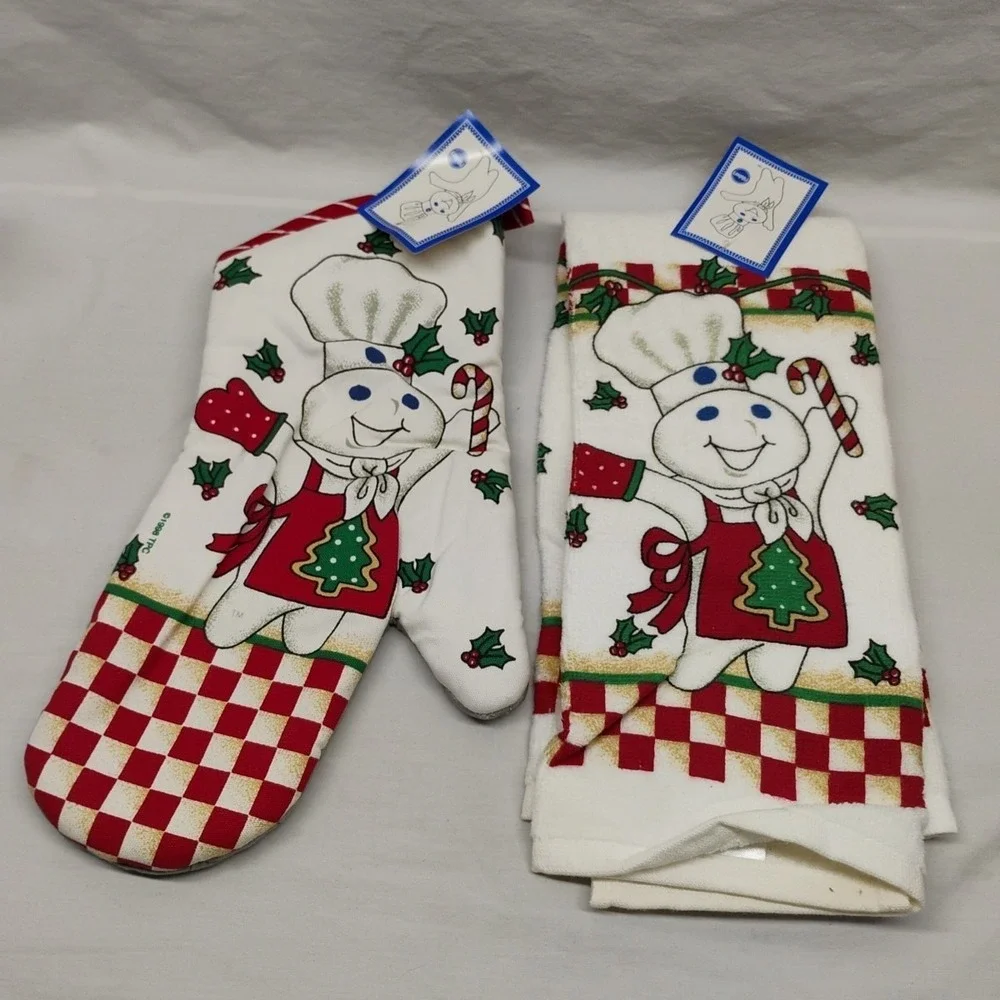NWT Pillsbury Doughboy Warm‎ Greeting Christmas Oven Mitt & Hand Towel 1998